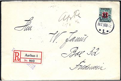 27 øre/1 kr. Provisorium single på overfrankeret anbefalet brev fra Aarhus *1.* d. 20.7.1918 til København. Påskrevet Afs. Fr. (= Afsenders Frankering).