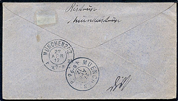 35/32 øre Provisorium (defekt) single på anbefalet brev fra Mundelstrup d. 25.4.1912 til poste restante i München, Bayern, Tyskland. Retur med stempel Retour! Non réclamé. 