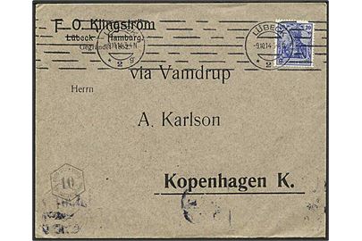 20 pfg. Germania på brev fra Lübeck d. 9.10.1914 til København, Danmark. 2 stk. 10 pfg. KUSTOS stempler. Fortrykt kuvert med via Vamdrup.
