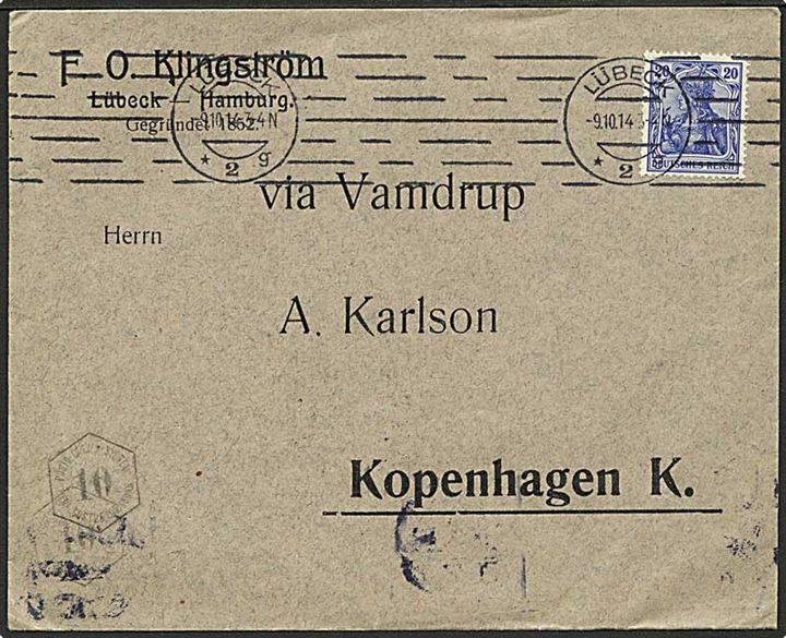 20 pfg. Germania på brev fra Lübeck d. 9.10.1914 til København, Danmark. 2 stk. 10 pfg. KUSTOS stempler. Fortrykt kuvert med via Vamdrup.