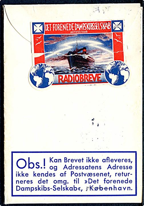 15 øre Karavel på DFDS Radiobrev formular F.E.B. 6-34 BL. med meddelelse fra S/S Frederik 8 modtaget af provinsbåden S/S Aarhus og annulleret i København d. 30.7.1935 til København.