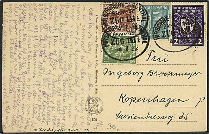 3,50 mk. blandingsfrankeret infla brevkort annulleret med bureaustempel Hirschberg - Grünthal Zug 1414  d. 14.7.1922 til København, Danmark.