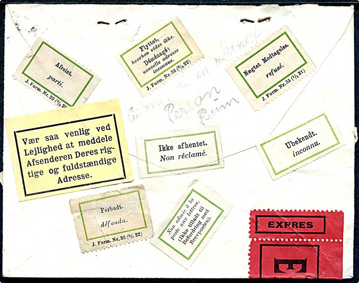 20/15 øre Provisorium på brev fra Randers d. x.9.1940 til Viborg. Kuverten efterfølgende dekoreret med en mængde postale etiketter, bl.a. flere sjældne 2-sprogede retur-etiketter: (Ikketilladt til befordring med Brevposten.) og Forbudt J. Form. Nr. 33 (5/5 22).
