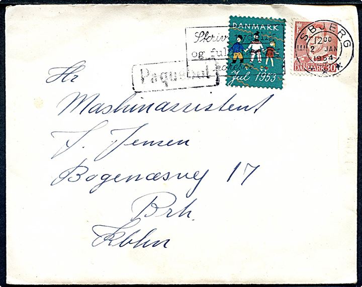 30 øre Fr. IX og Julemærke 1953 på brev med indhold skrevet ombord på DFDS Englandsbåden M/S Kronprinsesse Ingrid natten mellem 30.-31. december 1953 annulleret Esbjerg d. 2.1.1954 og sidestemplet Paquebot til Brønshøj pr. København.