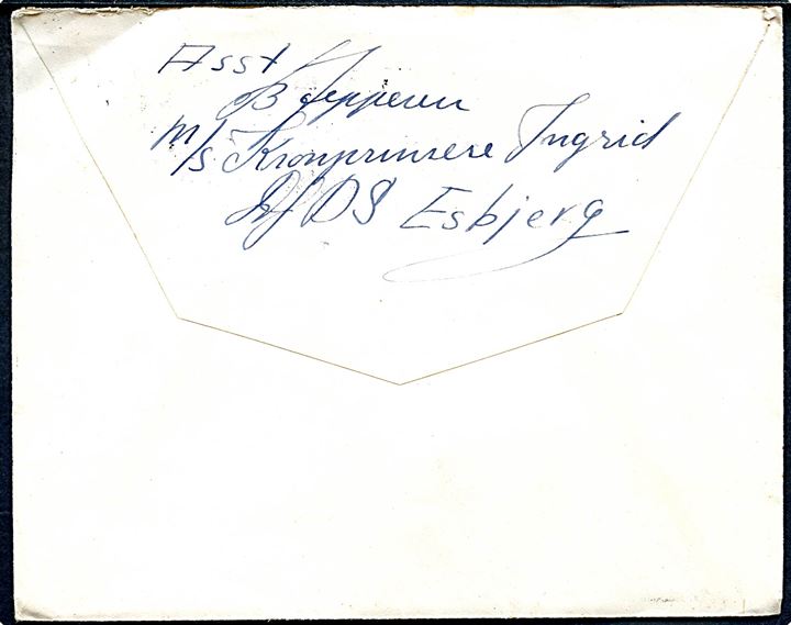 30 øre Fr. IX og Julemærke 1953 på brev med indhold skrevet ombord på DFDS Englandsbåden M/S Kronprinsesse Ingrid natten mellem 30.-31. december 1953 annulleret Esbjerg d. 2.1.1954 og sidestemplet Paquebot til Brønshøj pr. København.