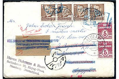 5 øre Bølgelinie (2) og 20 øre Fr. IX (4) på brev fra Hellerup d. 30.1.1958 til sømand ombord på M/S Lemnos i Alexandria, Egypten - eftersendt til DFDS i København og igen til Hamburg. Røde ombæringskontrolstreger.
