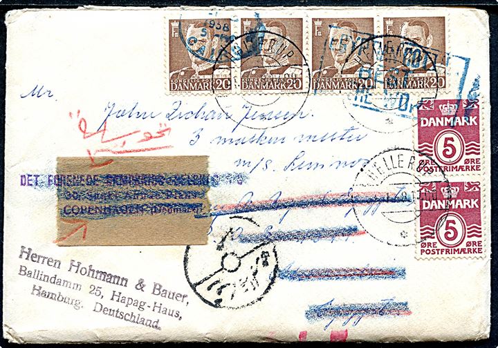 5 øre Bølgelinie (2) og 20 øre Fr. IX (4) på brev fra Hellerup d. 30.1.1958 til sømand ombord på M/S Lemnos i Alexandria, Egypten - eftersendt til DFDS i København og igen til Hamburg. Røde ombæringskontrolstreger.
