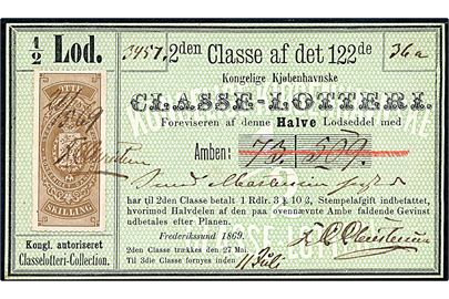 8 sk. stempelmærke annulleret med blæk 21/5 69 på 1/4 Lod til det 122de Kongelige Kjøbenhavnske Classe-Lotteri udstedt i Frederikssund 1869.