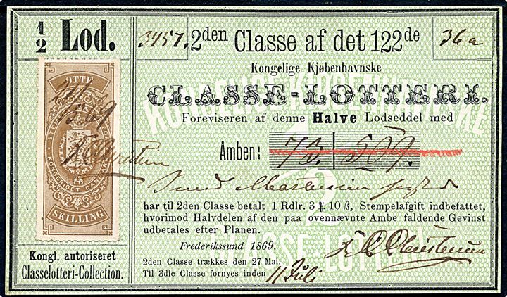 8 sk. stempelmærke annulleret med blæk 21/5 69 på 1/4 Lod til det 122de Kongelige Kjøbenhavnske Classe-Lotteri udstedt i Frederikssund 1869.