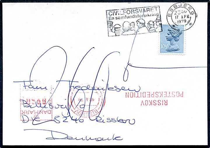 Engelsk 10½d Elizabeth (fold) markeret ugyldig på brev fra Esbjerg d. 17.4.1979 til Risskov. Udtakseret i porto med 260 øre rødt portomaskinstempel fra Risskov Postekspedition d. 19.4.1979.