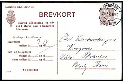 Danske Statsbaner 20 øre Fr. IX helsagsbrevkort formular A455 (fabr. 252x) fra Svendborg d. 25.7.1958 til Thurø.