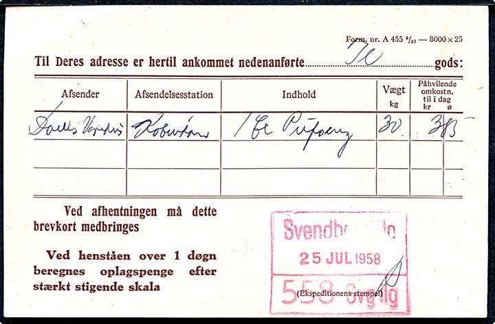 Danske Statsbaner 20 øre Fr. IX helsagsbrevkort formular A455 (fabr. 252x) fra Svendborg d. 25.7.1958 til Thurø.