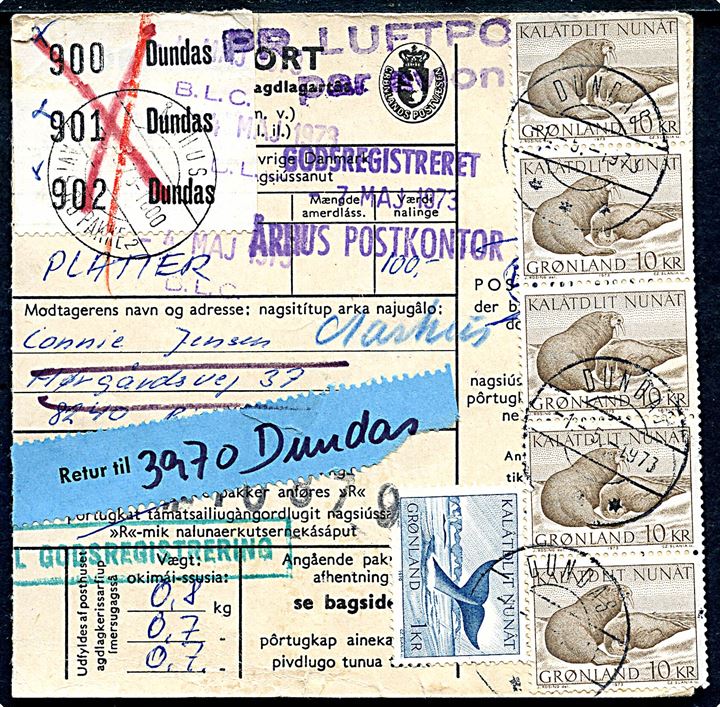 1 kr. Grønlandshval og 10 kr. Hvalrosser (5) på 51 kr. frankeret adressekort for 3 luftpostpakker fra Dundas d. 1.5.1973 til Risskov. Retur.