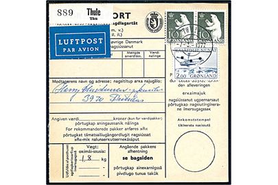 2 kr. Helikopter og 10 kr. Isbjørn i parstykke på 22 kr. frankeret adressekort for indenrigs luftpostpakke fra Thule d. 7.3.1977 til Dundas.