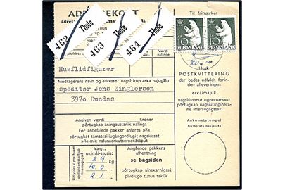 10 kr. Isbjørn i parstykke på adressekort for 3 pakker fra Thule d. 17.1.1974 til Dundas.