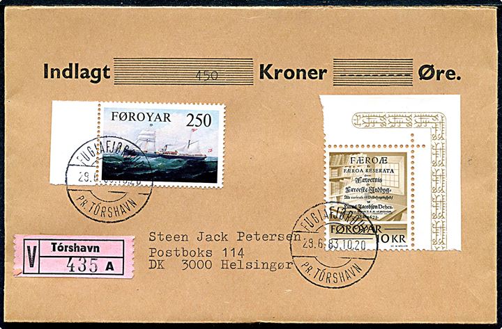 2,50 kr. Dampskib og 10 kr. Historiske skrifter på værdibrev annulleret med pr.-stempel Fuglafjørdur pr. Tórshavn d. 29.6.1983 til Helsingør.