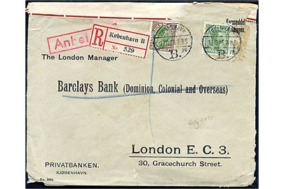 25 øre og 70 øre Chr. X på anbefalet brev fra København d. 17.10.1926 til London, England. Nusset.