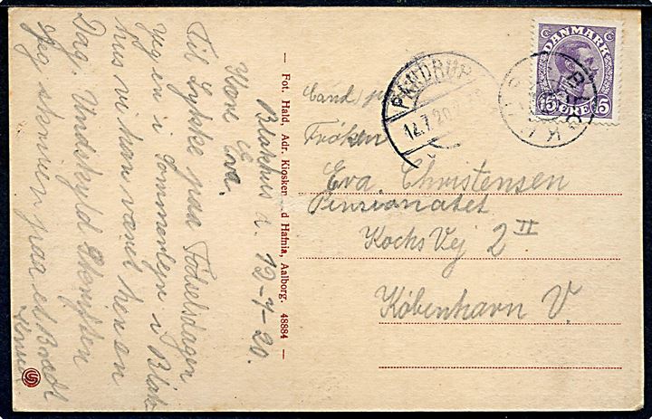 15 øre Chr. X på brevkort (Klitter og strandvejen ved Blokhus) annulleret med stjernestempel BLOKHUS og sidestemplet Pandrup d. 12.7.1920 til København.