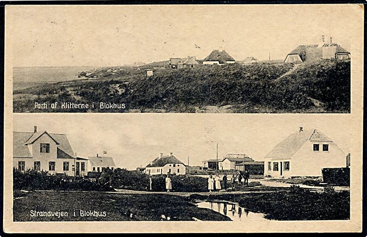 15 øre Chr. X på brevkort (Klitter og strandvejen ved Blokhus) annulleret med stjernestempel BLOKHUS og sidestemplet Pandrup d. 12.7.1920 til København.