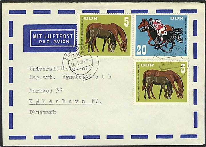5 pfg. (2) og 25 pfg. Heste på luftpostbrev fra Leipzig d. 24.11.1967 til København, Danmark.