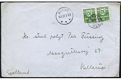 10 øre Bølgelinie i parstykke på brev annulleret med stjernestempel MANDEMARK og sidestemplet Borre d. 14.6.1923 til Hellerup.