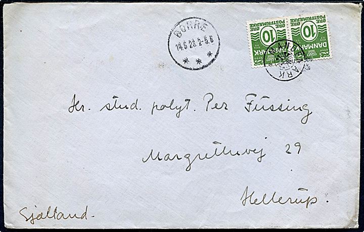 10 øre Bølgelinie i parstykke på brev annulleret med stjernestempel MANDEMARK og sidestemplet Borre d. 14.6.1923 til Hellerup.