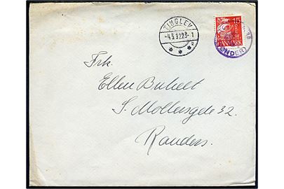 15 øre Karavel på brev annulleret med posthornstempel TØNDER NORD (TØNDER) og sidestemplet Tinglev sn2 d. 4.5.1932 til Randers.