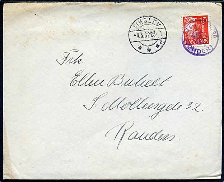 15 øre Karavel på brev annulleret med posthornstempel TØNDER NORD (TØNDER) og sidestemplet Tinglev sn2 d. 4.5.1932 til Randers.