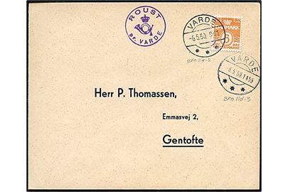 6 øre Bølgelinie på filatelistisk tryksag stemplet Varde d. 6.5.1950 og sidestemplet med posthornstempel ROUST pr. VARDE til Gentofte.