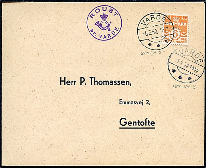 6 øre Bølgelinie på filatelistisk tryksag stemplet Varde d. 6.5.1950 og sidestemplet med posthornstempel ROUST pr. VARDE til Gentofte.