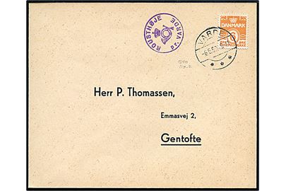 6 øre Bølgelinie på filatelistisk tryksag stemplet Varde d. 6.5.1950 og sidestemplet med posthornstempel ROUSTHØJE pr. VARDE til Gentofte.