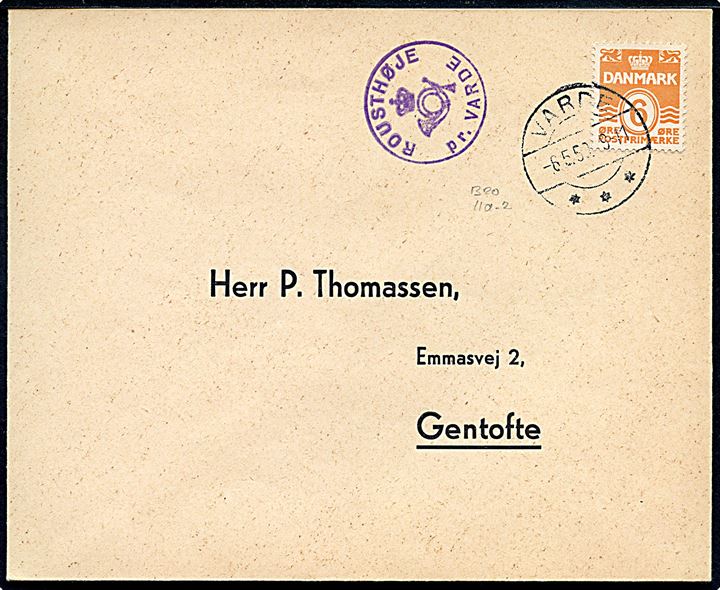 6 øre Bølgelinie på filatelistisk tryksag stemplet Varde d. 6.5.1950 og sidestemplet med posthornstempel ROUSTHØJE pr. VARDE til Gentofte.