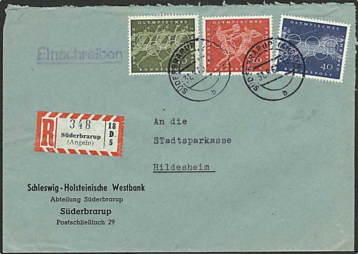 Komplet sæt Olympiade på anbefalet brev fra Süderbrarup d. 31.8.1960 til Hildesheim.