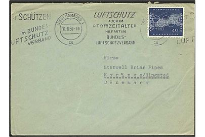 40 pfg. Olympiade på brev fra Hamburg d. 11.8.1960 til Ringsted, Danmark. TMS: Luftschutz auch im Atomzeitalter.