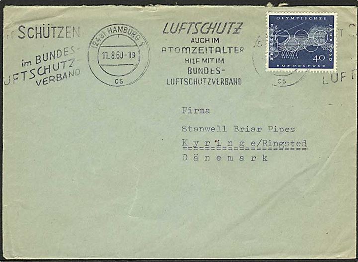 40 pfg. Olympiade på brev fra Hamburg d. 11.8.1960 til Ringsted, Danmark. TMS: Luftschutz auch im Atomzeitalter.