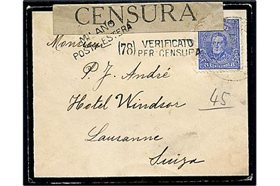 8 c. single på sørgekuvert 1917 til Lausanne, Schweiz. Åbnet af italiensk censur i Milano.