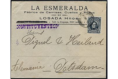 8 c. single på brev fra Cordon d. 12.6.1913 via Montevideo til Potsdam, Tyskland.