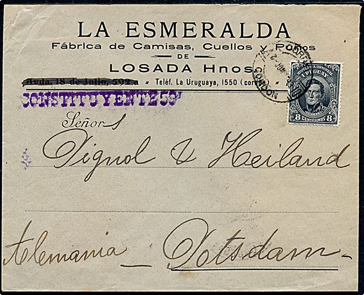 8 c. single på brev fra Cordon d. 12.6.1913 via Montevideo til Potsdam, Tyskland.