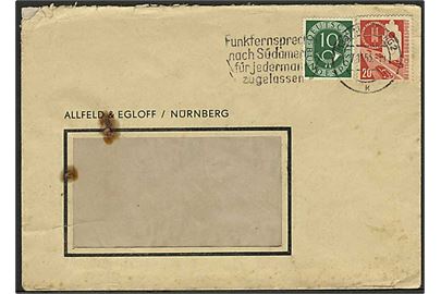 20 pfg. München udstilling og 10 pfg. Ciffer på rudekuvert fra Nürnberg d. 7.11.1953.