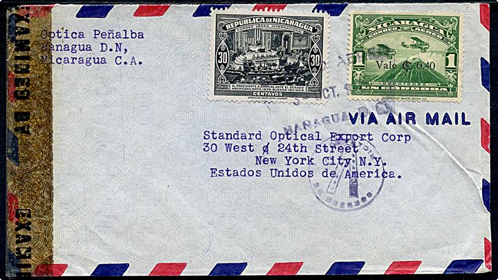 30 c. Senat og 0,40/1$ Luftpost provisorium på luftpostbrev fra Managua d. 3.10.194? til New York, USA. Åbnet af amerikansk censur no. 2072.