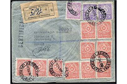 5 c. (10), 50 c. og 1 Gr. (2) på anbefalet luftpostbrev fra Paraguay d. 21.12.1950 til Stockholm, Sverige.