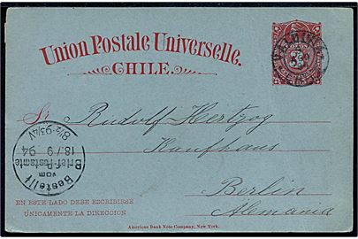 3 c. helsagsbrevkort fra Valdivia d. 9.8.1894 til Berlin, Tyskland.