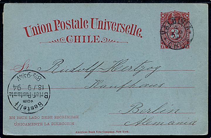 3 c. helsagsbrevkort fra Valdivia d. 9.8.1894 til Berlin, Tyskland.