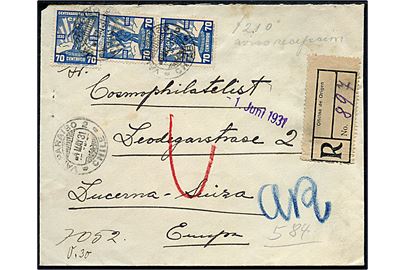 70 c. Salpeter eksport (3) på anbefalet brev fra Valparaiso d. 4.5.1931 til Luzern, Schweiz. Bagklap mgl.