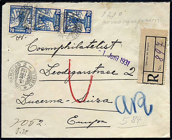70 c. Salpeter eksport (3) på anbefalet brev fra Valparaiso d. 4.5.1931 til Luzern, Schweiz. Bagklap mgl.
