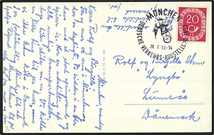 20 pfg. Posthorn på brevkort annulleret med udstillingsstempel i München d. 20.7.1953 til Lumsås, Danmark.