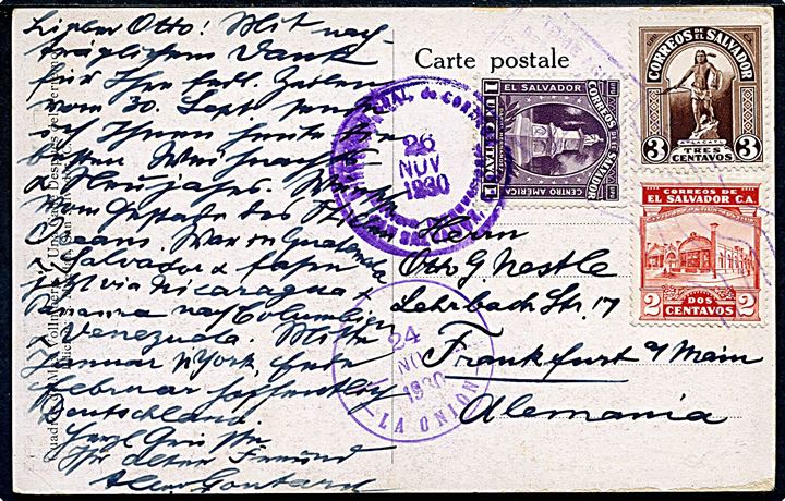 6 c. blandingsfrankeret brevkort (Max Vollmberg: Gade efter Jordskælv) fra La Union d. 24.11.1930 via San Salvador til Frankfurt, Tyskland.