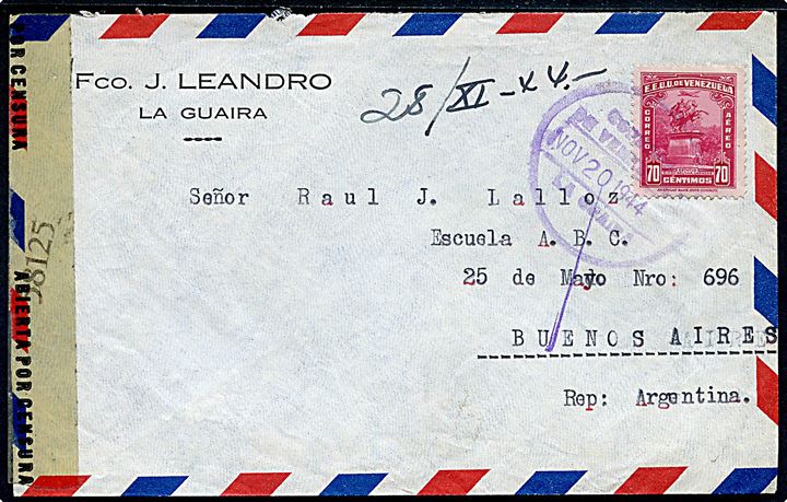 70 c. single på luftpostbrev fra La Guaira d. 20.11.1944 til Buenos Aires, Argentina. Åbnet af spansk sproget amerikansk censur med censor no. 58125 (= Balboa, Panama Canal Zone)