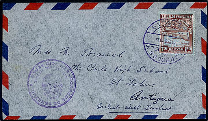 1,70 B. Luftpost single på luftpostbrev fra Caracas d. 26.2.1936 via Port of Spain, Trinidad til St. Johns, Antigua, Britisk Vestindien.
