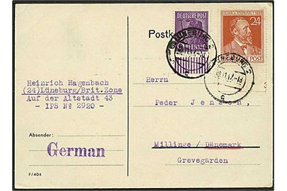 24 pfg. og 6 pfg. på brevkort fra Lüneburg d. 18.11.1947 til Millinge, Danmark.